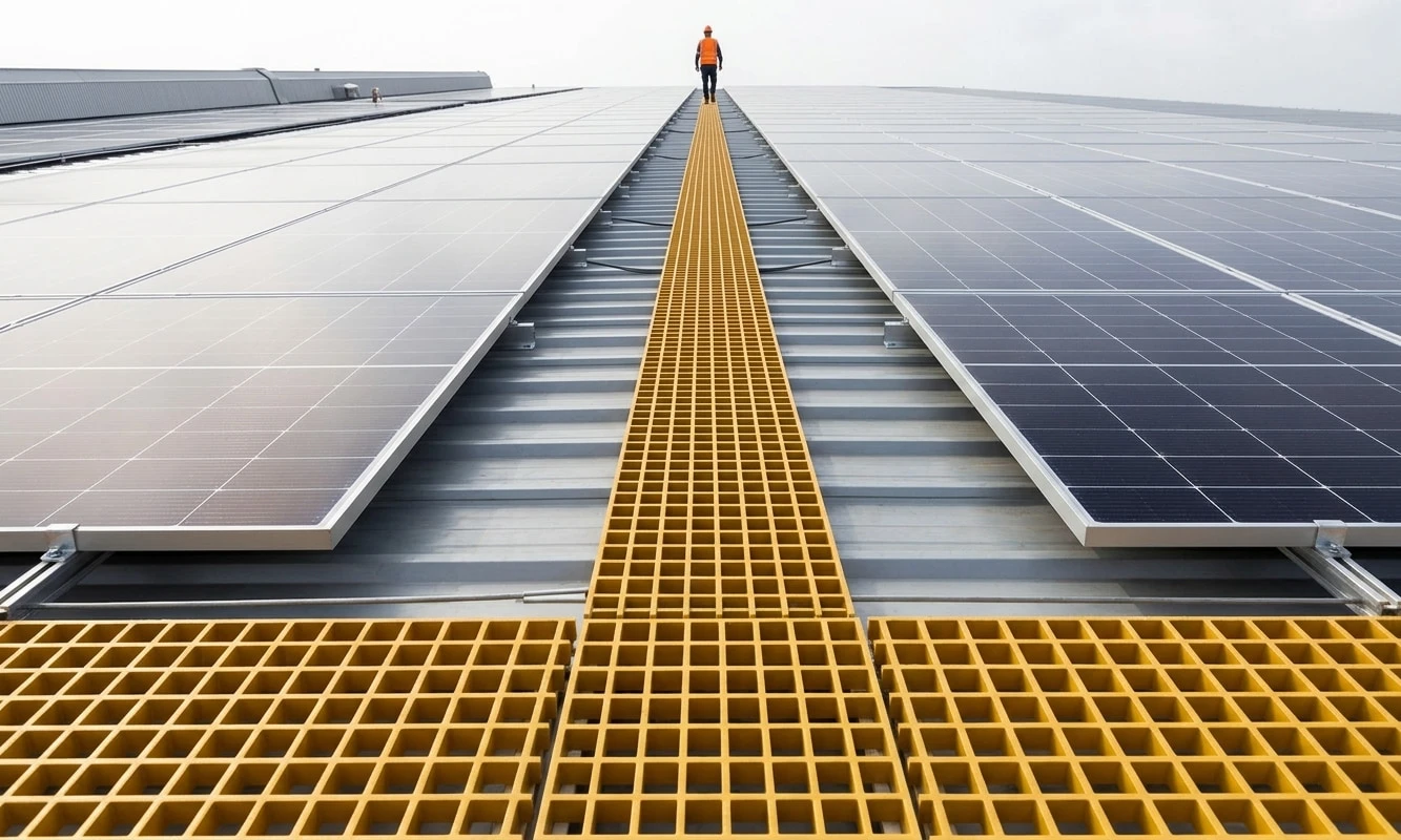 FRP grating maintenance walkway installed around photovoltaic equipment at a solar power plant FRP grating maintenance walkway installed around photovoltaic equipment at a solar power plant
